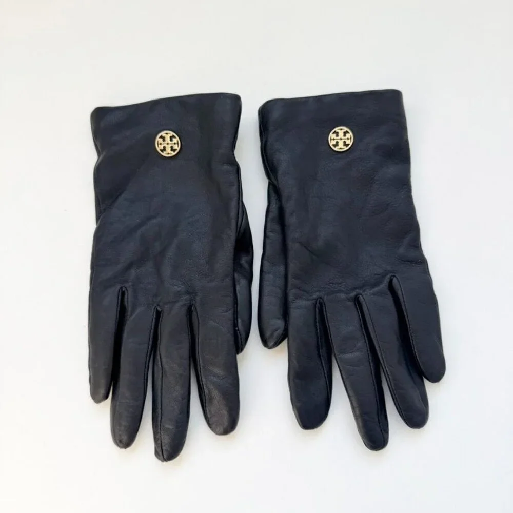 Tory Burch Black Leather Gloves with Gold Logo Hardware – One Size